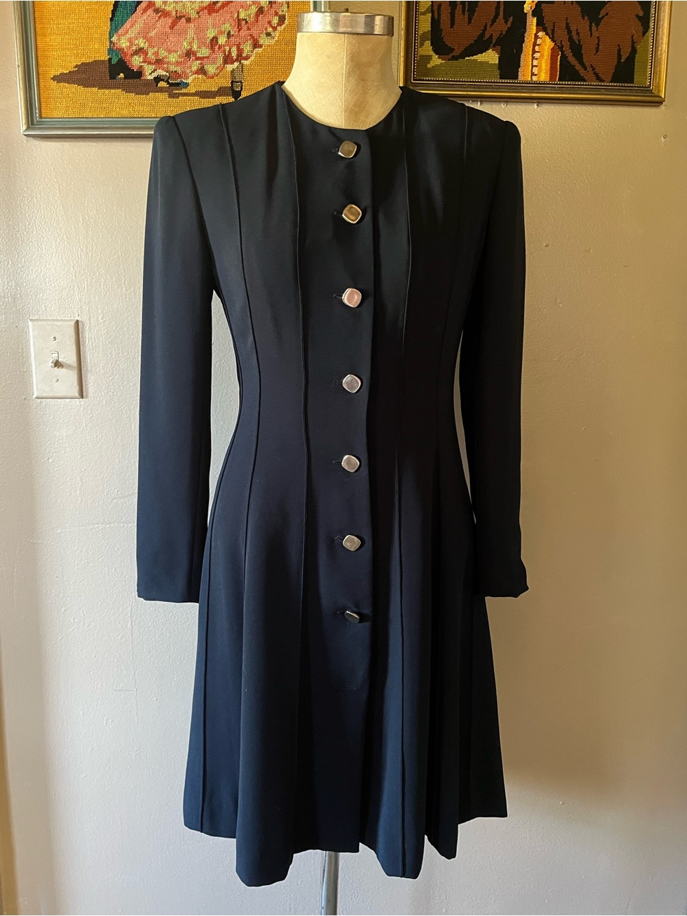 Teri Jon Navy Long-Sleeve Button Front Dress